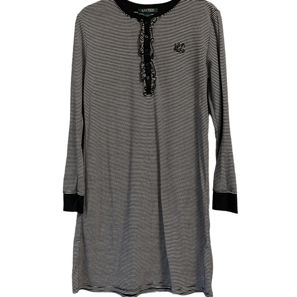Lauren Ralph Lauren Long-sleeve Navy and White Striped Nightgown, Size Medium